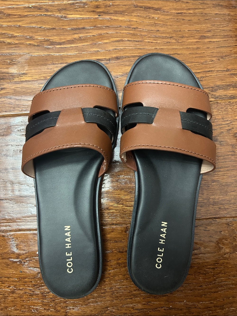 Cole Haan Brown and Black Leather Slide Sandals